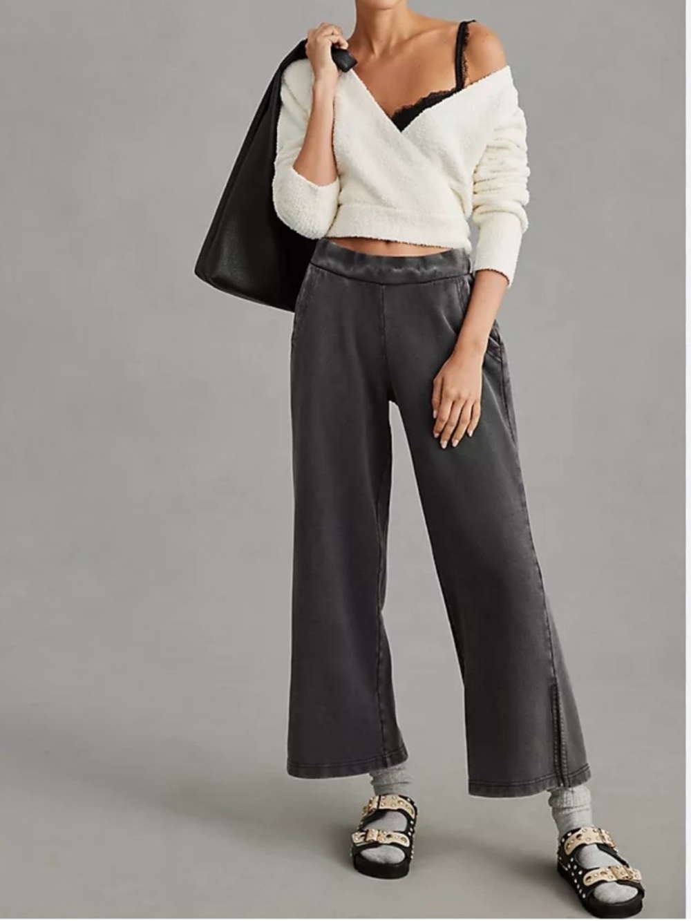 Wide Leg Cotton-Blend Pants in Charcoal Gray